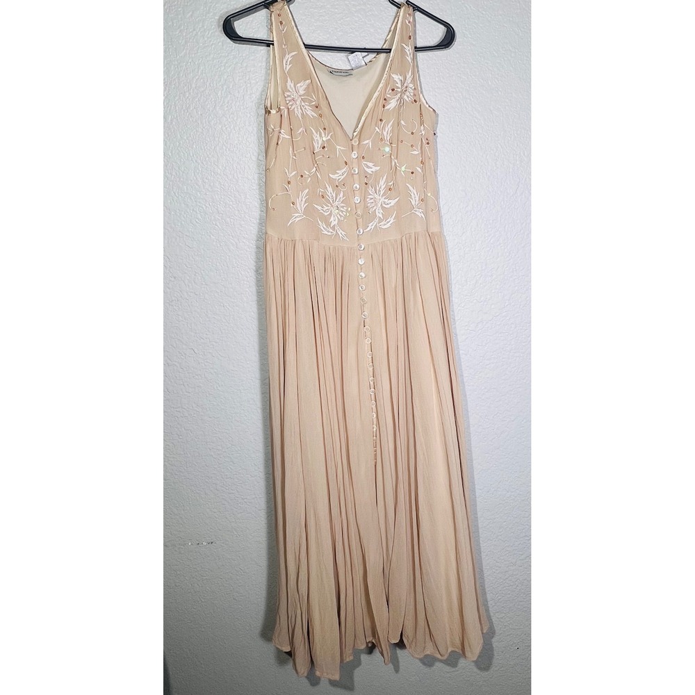 Beige Embroidered V-Neck Maxi Dress